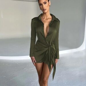 Olive Green Mini Shirt Dress with Knot Detail